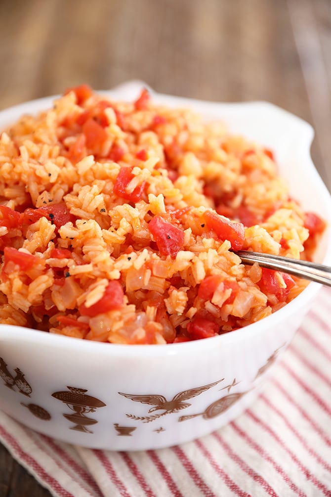 Tomatoes and Rice in a white bowl