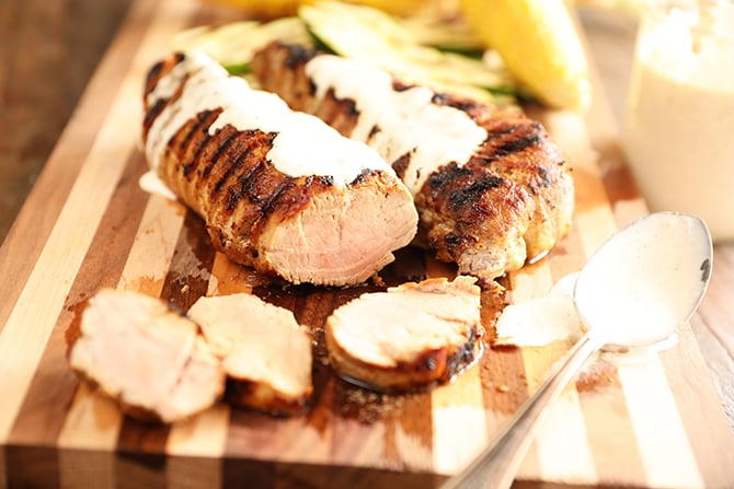 Grilled Pork tenderloin with white bbq sauce over it