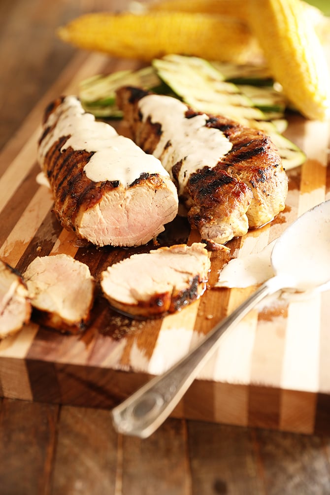 Grilled Pork tenderloin with white bbq sauce over it