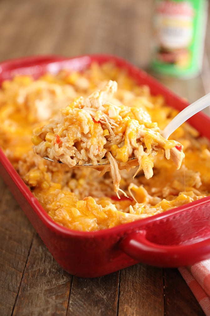 Scoop of Cheesy Chicken and Rice Casserole