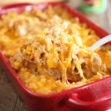 Scoop of Cheesy Chicken and Rice Casserole