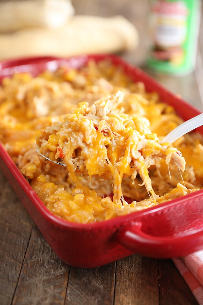 Scoop of Cheesy Chicken and Rice Casserole