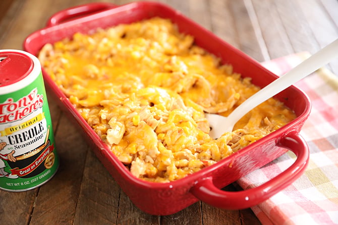 Cheesy Chicken and Rice Casserole in red dish