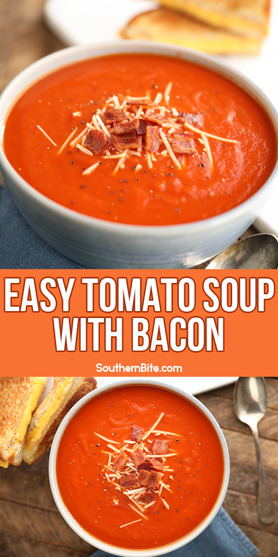 Tomato Soup topped with Bacon and cheese - Image for Pinterest
