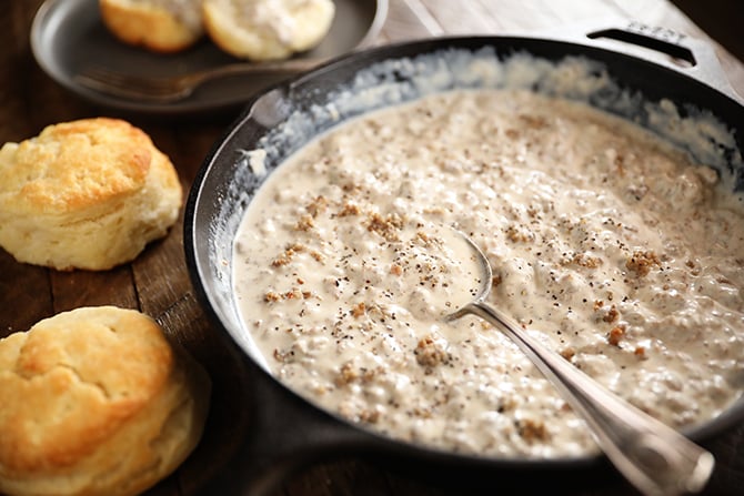 Sausage Gravy in a cast iron skillet
