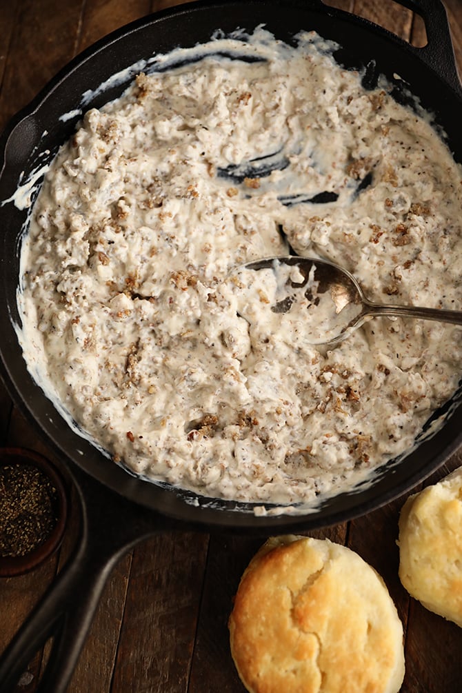 Sausage Gravy in a cast iron skillet