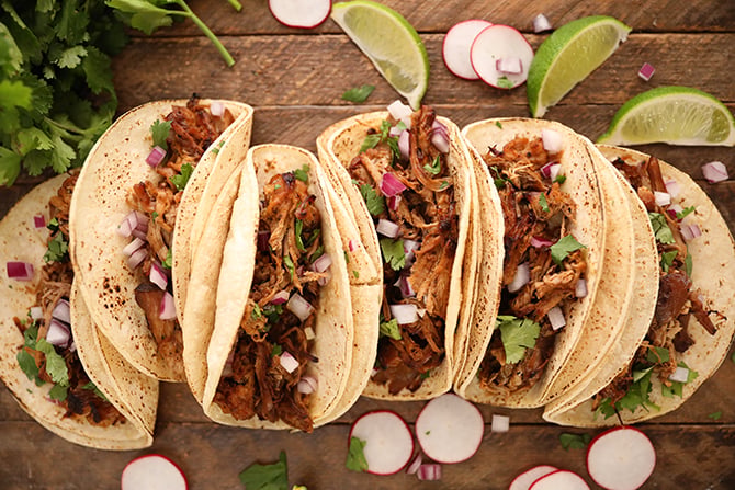 Tacos made from Slow Cooker Pork Carnitas