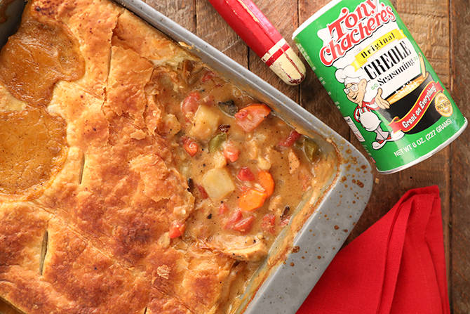 Baking dish with Easy Creole Turkey Pot Pie