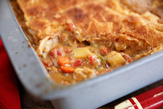 Baking dish filled with Easy Creole Turkey Pot Pie