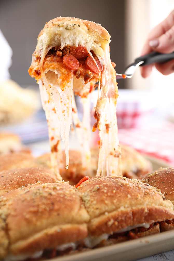Cheese Pull- Easy Pizza Sloppy Joe Sliders