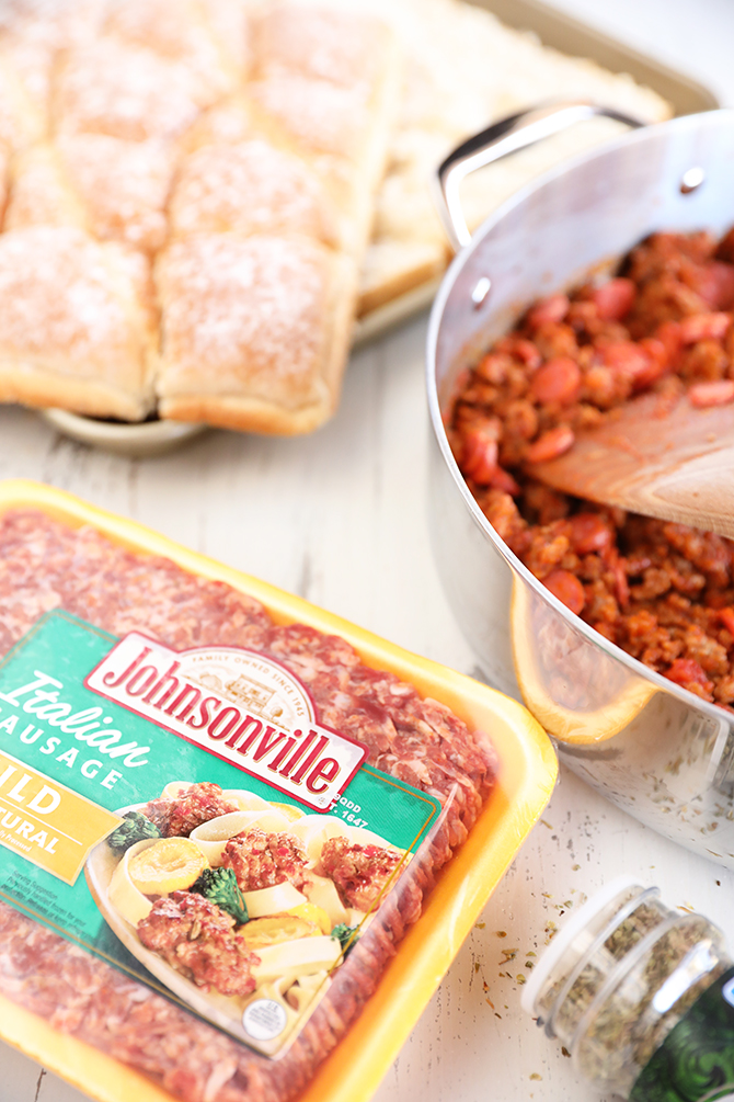 Sausage and bread ready to make Easy Pizza Sloppy Joe Sliders