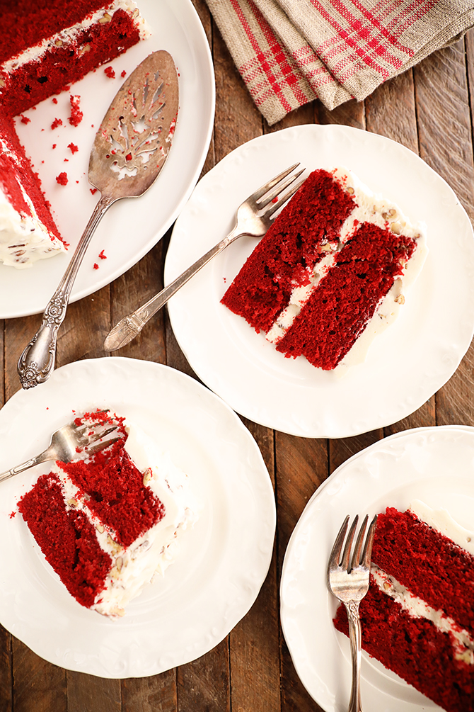 Pieces of Perfect Red Velvet Cake on small plates