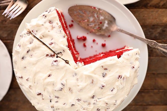 Perfect Red Velvet Cake with a few slices missing