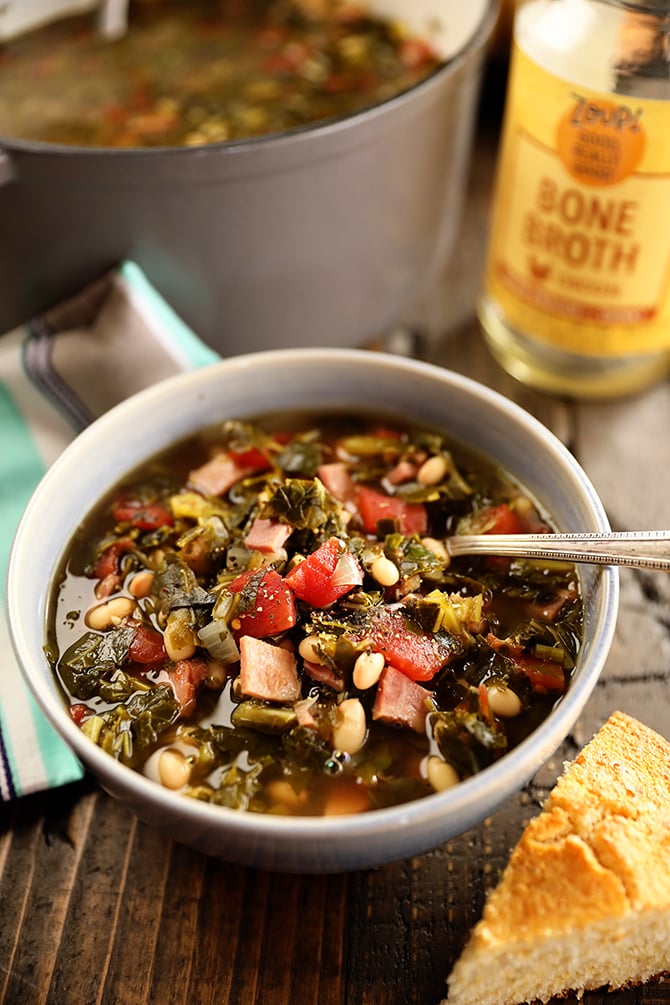 Bowl of Collard Green Soup with Ham and Beans