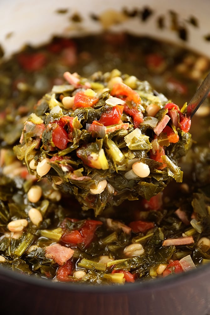 Scoop of Collard Green Soup with Ham and Beans