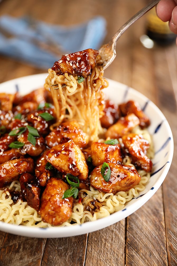 Forkfull of Easy General Tso's Chicken with ramen