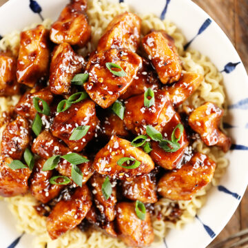 Bowl of Easy General Tso's Chicken over ramen