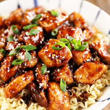 Bowl of Easy General Tso's Chicken over ramen