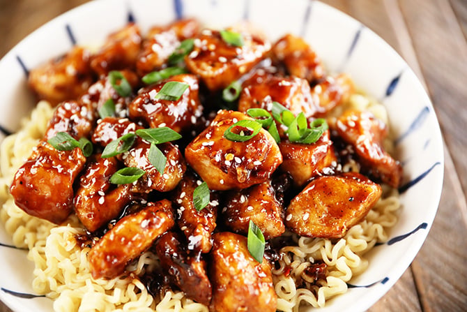 Bowl of Easy General Tso's Chicken over ramen