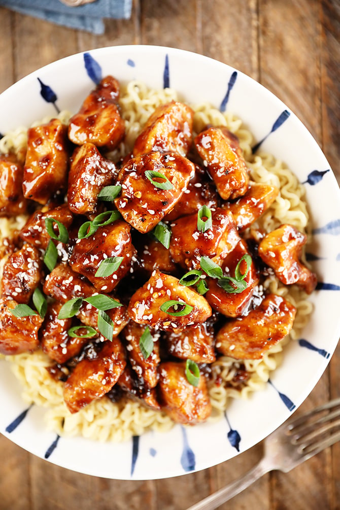 Bowl of Easy General Tso's Chicken over ramen