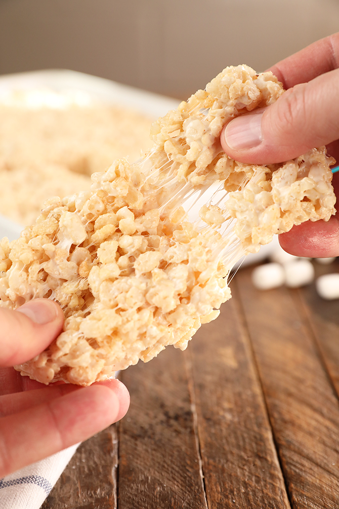Gooey pull of Brown Butter Rice Crispy Treats