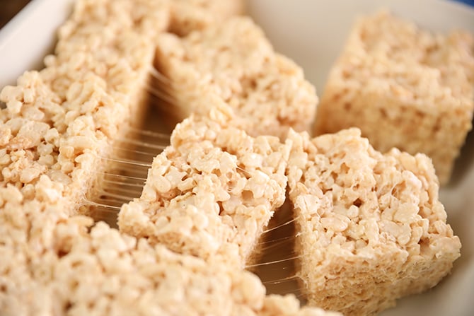 Pieces of Brown Butter Rice Krispie Treats in a dish
