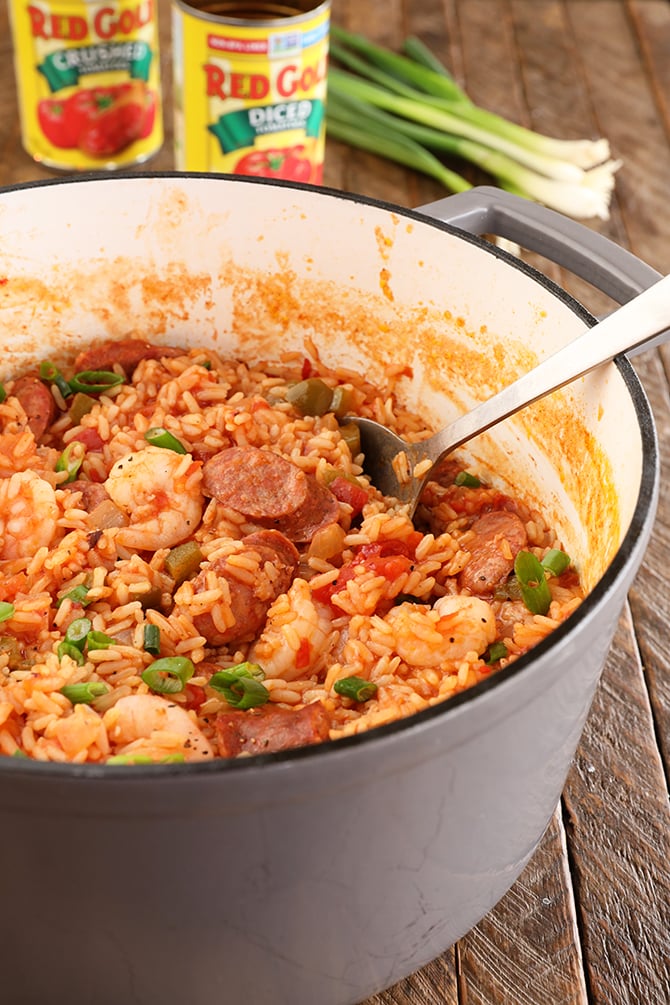 Pot of One-Pot Sausage and Shrimp Jambalaya