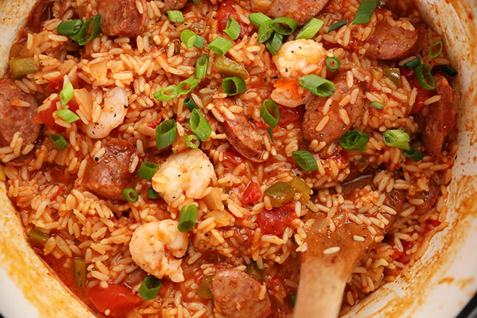 Overhead view of One-Pot Sausage and Shrimp Jambalaya