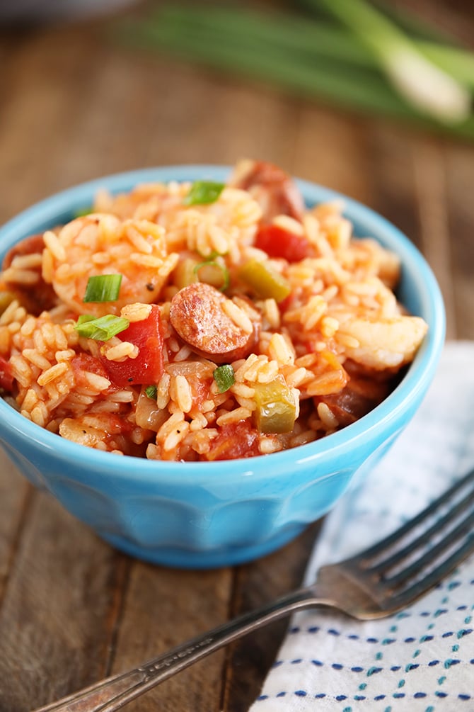Bowl filled with One-Pot Sausage and Shrimp Jambalaya
