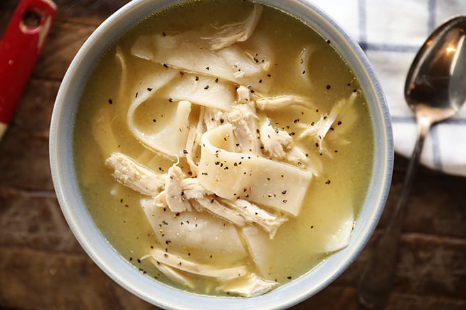 Overhead shot of Bowl of Southern Chicken and Dumplings
