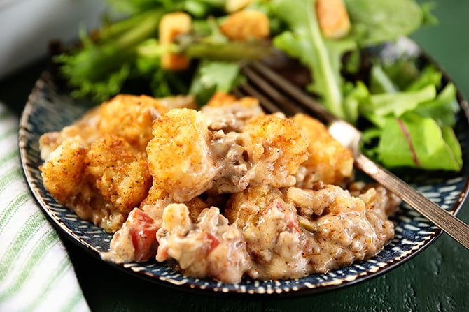 Creole Tater Tot Casserole on a plate