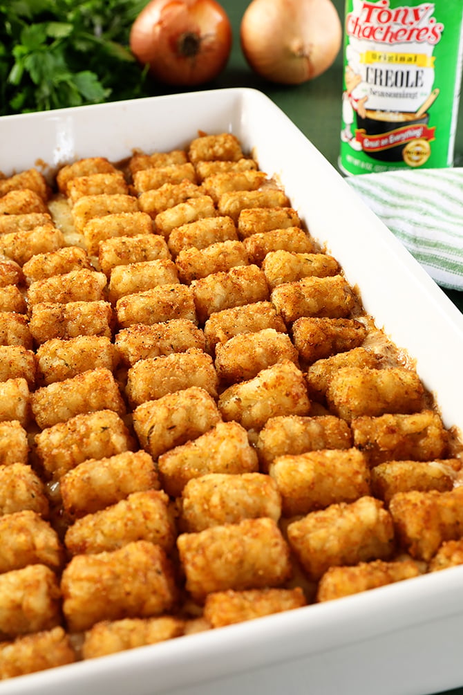 Baking dish of Creole Tater Tot Casserole