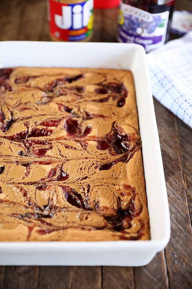 White dish with Peanut Butter and Jelly Blondies