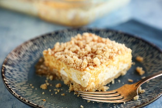 Slice of Caramel Pecan Shortbread No-Bake Cheesecake