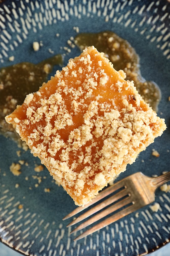 Overhead shot of Caramel Pecan Shortbread No-Bake Cheesecake