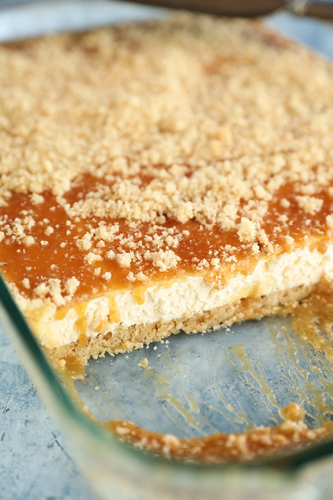 Pan of Caramel Pecan Shortbread No-Bake Cheesecake