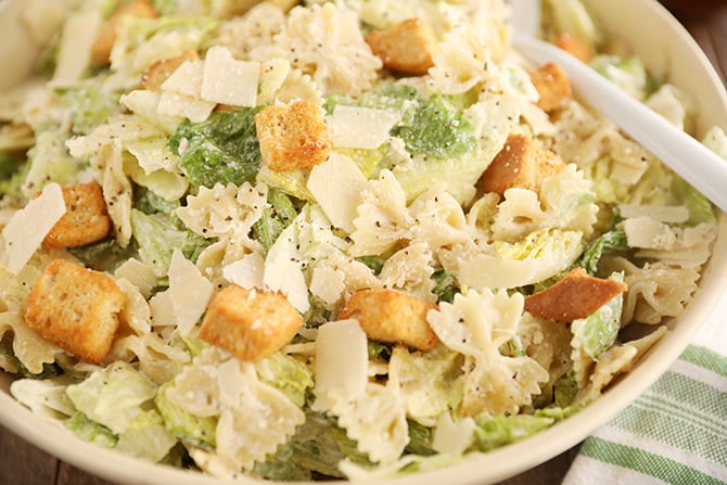 Pasta Caesar Salad with cheese in a bowl