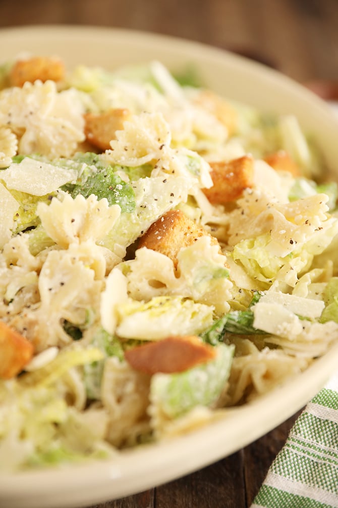 Pasta Caesar Salad with cheese in a bowl