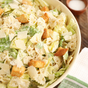 Pasta Caesar Salad with cheese in a bowl