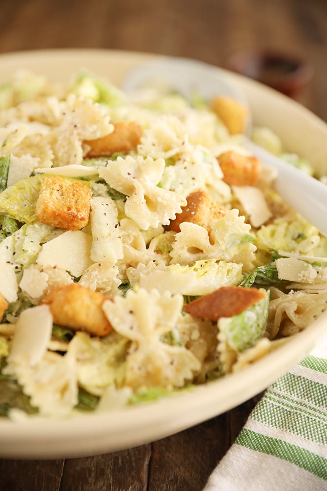 Pasta Caesar Salad with cheese in a bowl