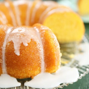 Vintage Lemon Apricot Nectar Cake with a slice missing