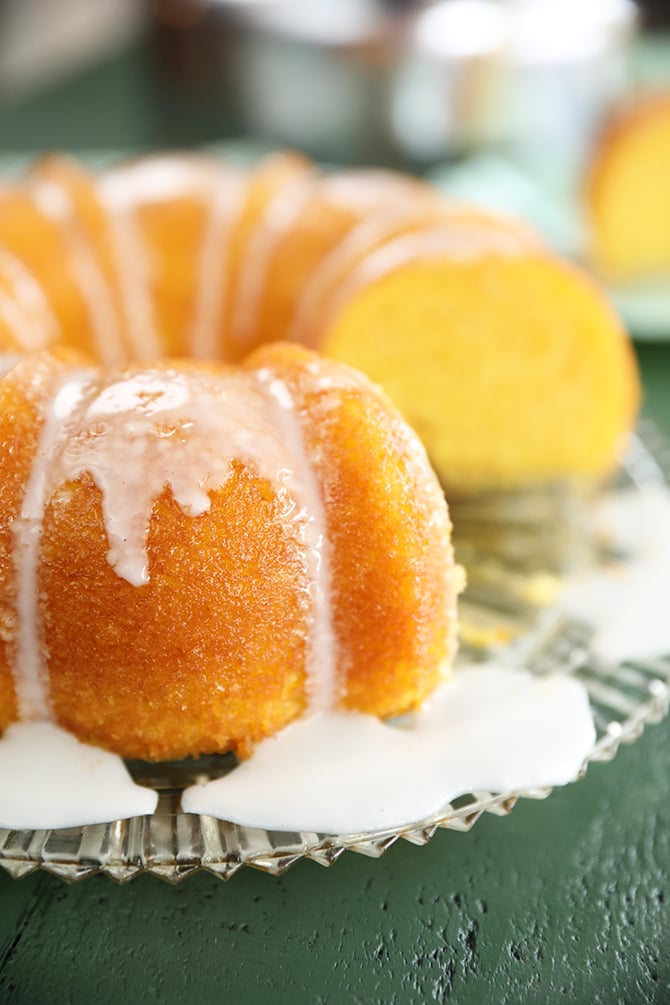 Vintage Lemon Apricot Nectar Cake with a slice missing