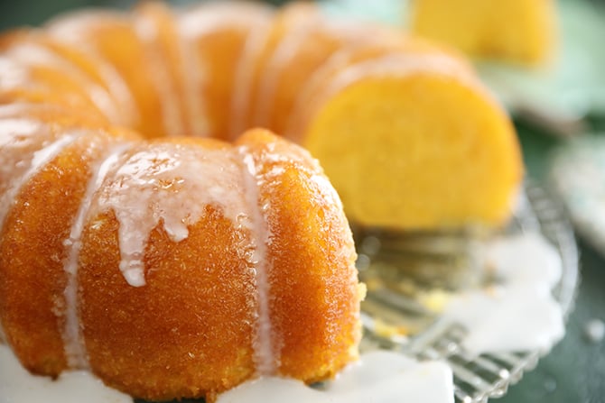 Vintage Lemon Apricot Nectar Cake with slice missing