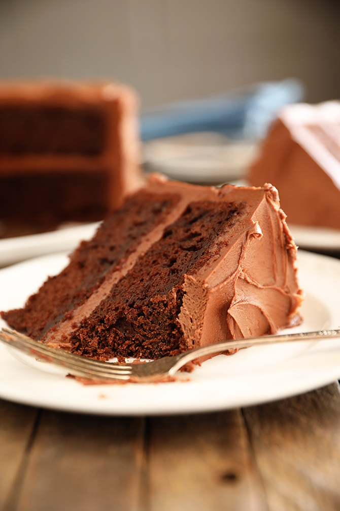 Slice of Best Chocolate Cake with bite missing