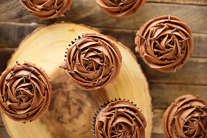 Overhead view of chocolate cupcakes