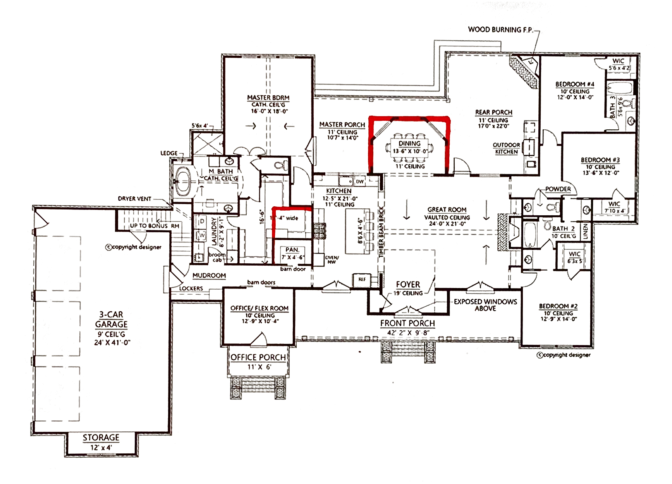 Floor plan with red mark adjustments