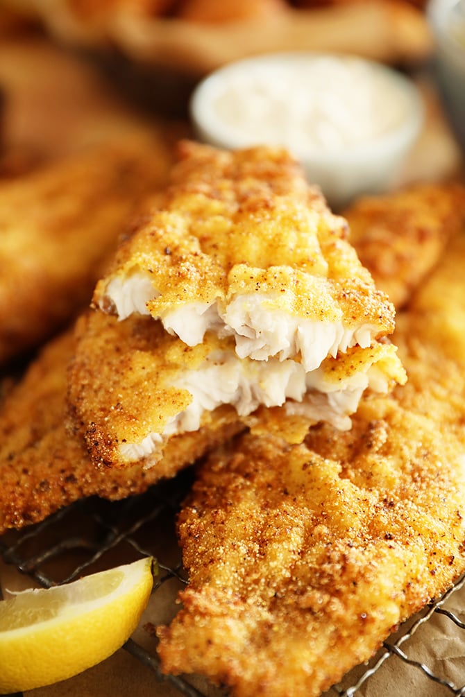 Interior shot of Pieces of Lemon Pepper Fried Catfish