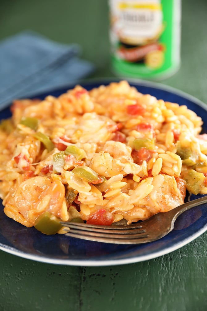 Cheesy Shrimp and Orzo Skillet on a plate