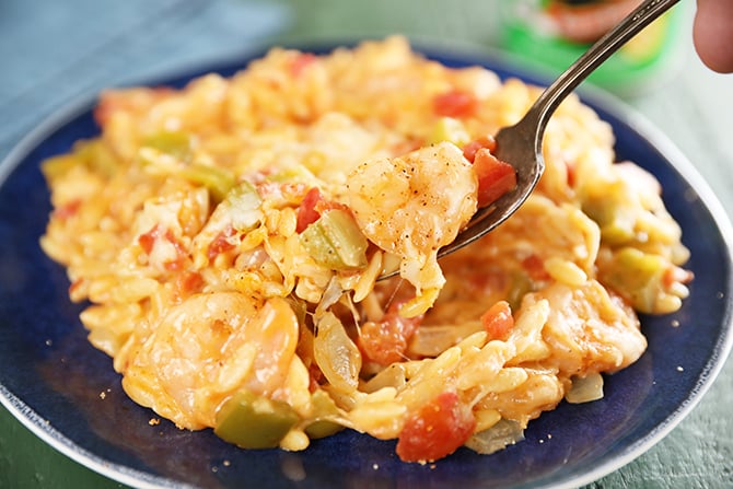 Cheesy Shrimp and Orzo Skillet on a plate
