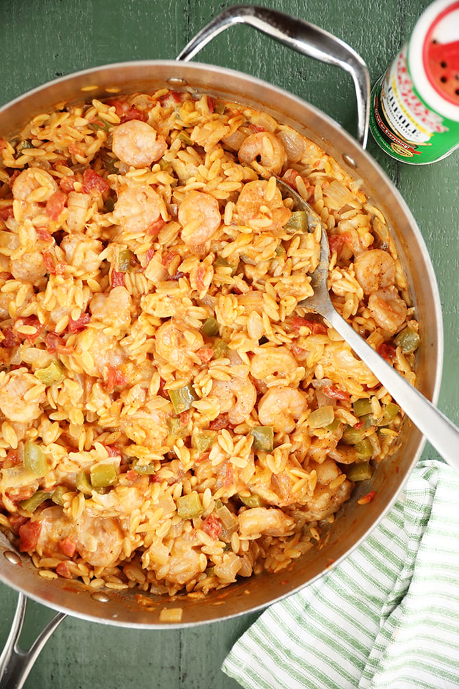 Skillet full of Cheesy Shrimp and Orzo Skillet